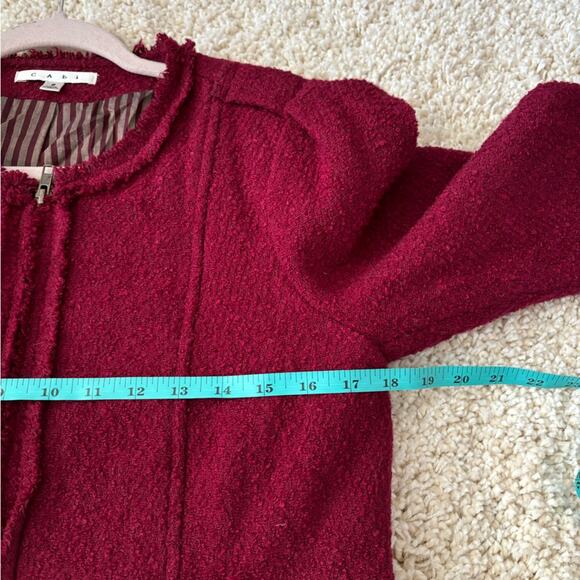CAbi Merlot Fringe Trim Zip Up Wool Blend Boucle Jacket Size 8 - Picture 8 of 9